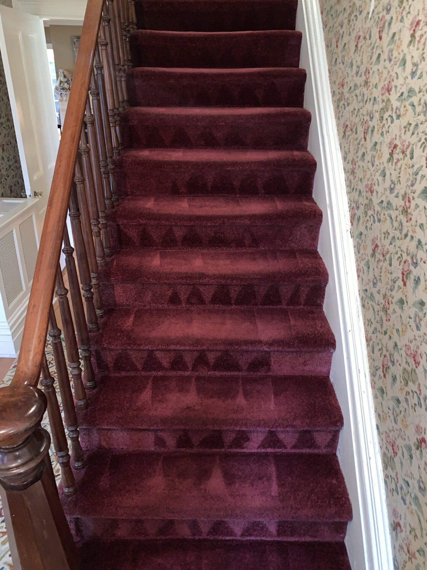 A well cleaned stair inside of the house in red color